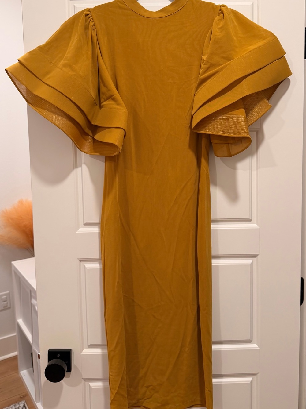 Mustard Midi Dress with Layered Flutter Sleeves - Picture 1 of 3